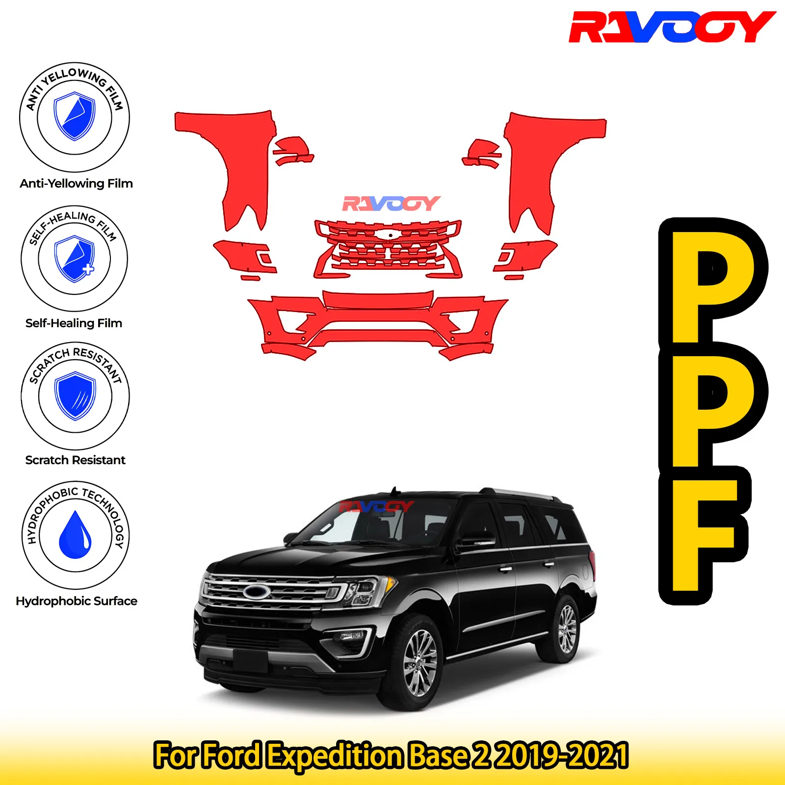 

Для Ford Expedition Base 2 2019-2021, глянцевая матовая черная предварительно вырезанная передняя защитная пленка PPF, комплект