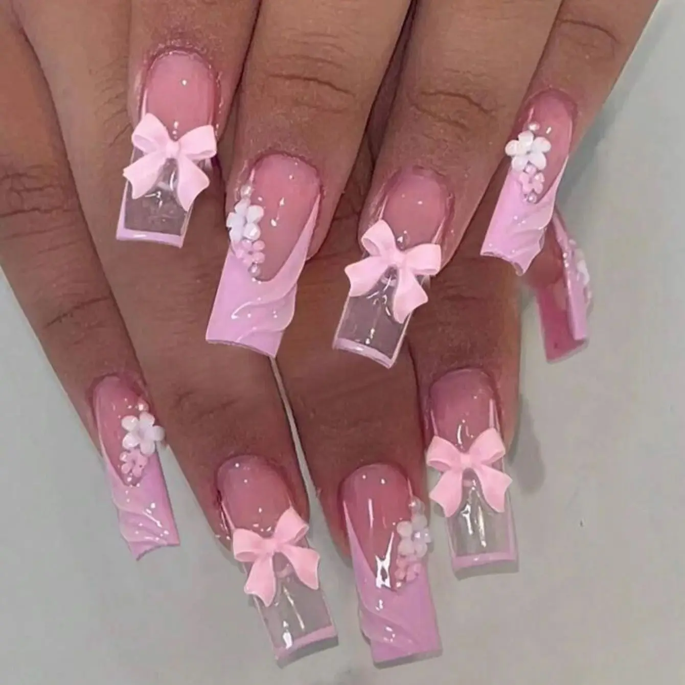 24Pcs Long Coffin Press On Nails, Pink French Tips with 3D Bow & Flower, Full Cover Fake Nails for Dating & Dinner
