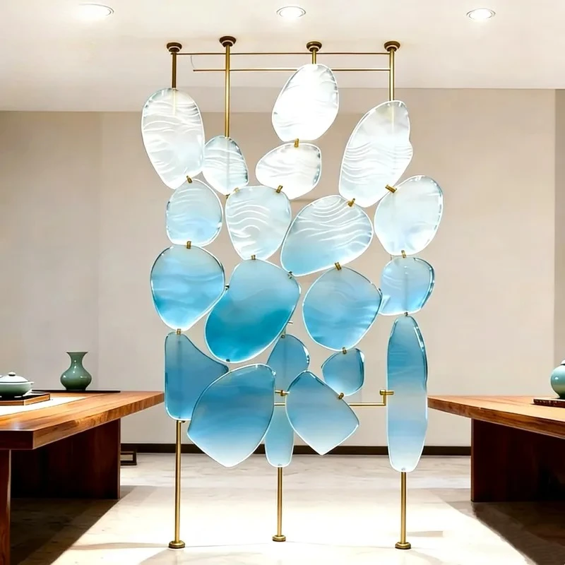 for Customized Large Gradient Blue Glass Partition Screen Modern Art Decoration Suitable for Hotel Lobby Luxury Villa