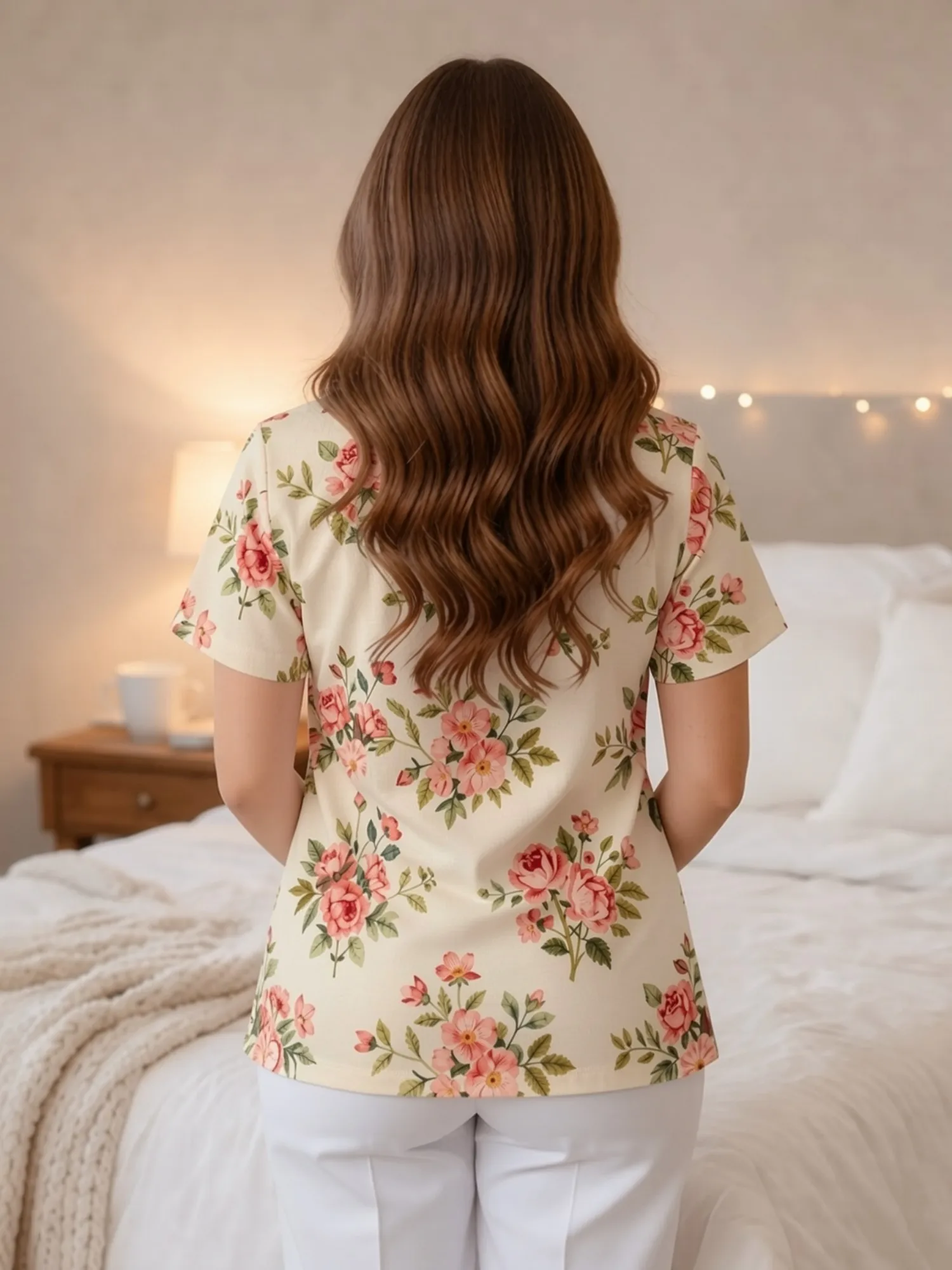 Easy Casual Look Ladies Modern V Neck Nurse Uniform Top Complete With Front Pockets Floral Design Easy Loose Fit For Clinic Duty