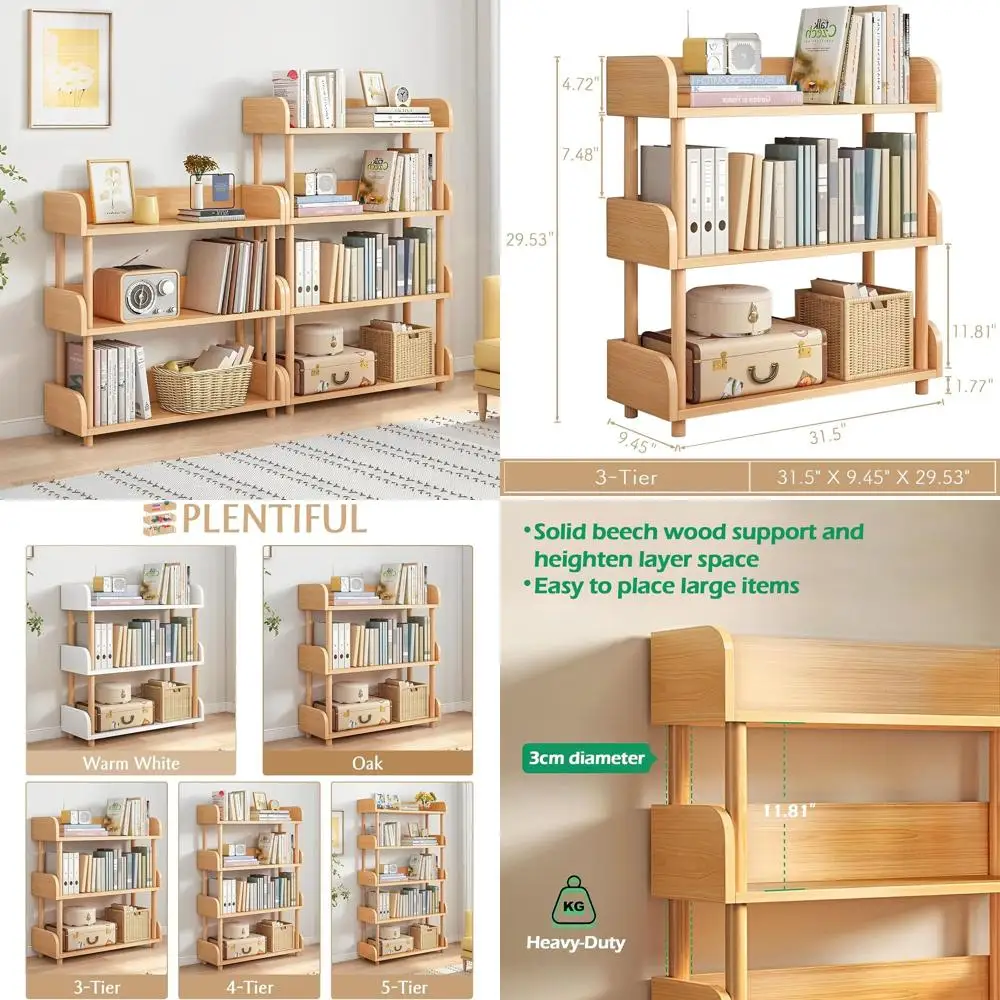 

Modern Oak 3-Tier Open Bookcase - Solid Wood Display Shelf for Home & Office Storage