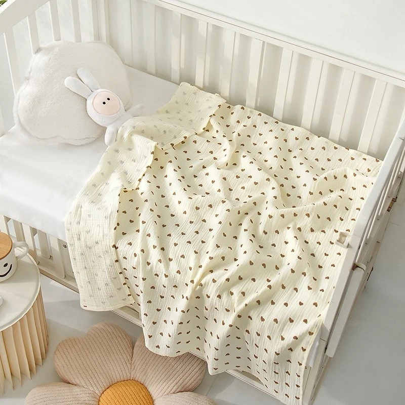 

Unisex Baby Cotton Single-Layer Crinkled Swaddle Blanket Newborn Swaddling Cloth Cute Bear Head & Heart Prints Wrap Cloth