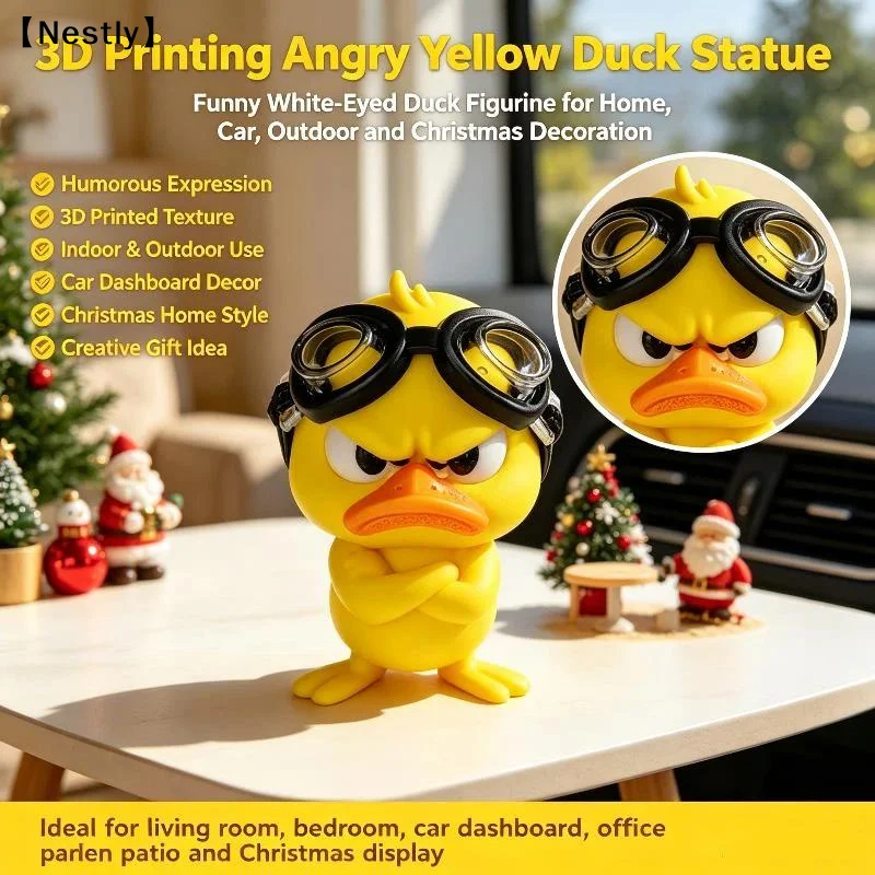Angry Yellow Duck Statue White Eyed Funny Duck Humorous Indoor Outdoor Christmas Home And Car Decoration〔Nest〕