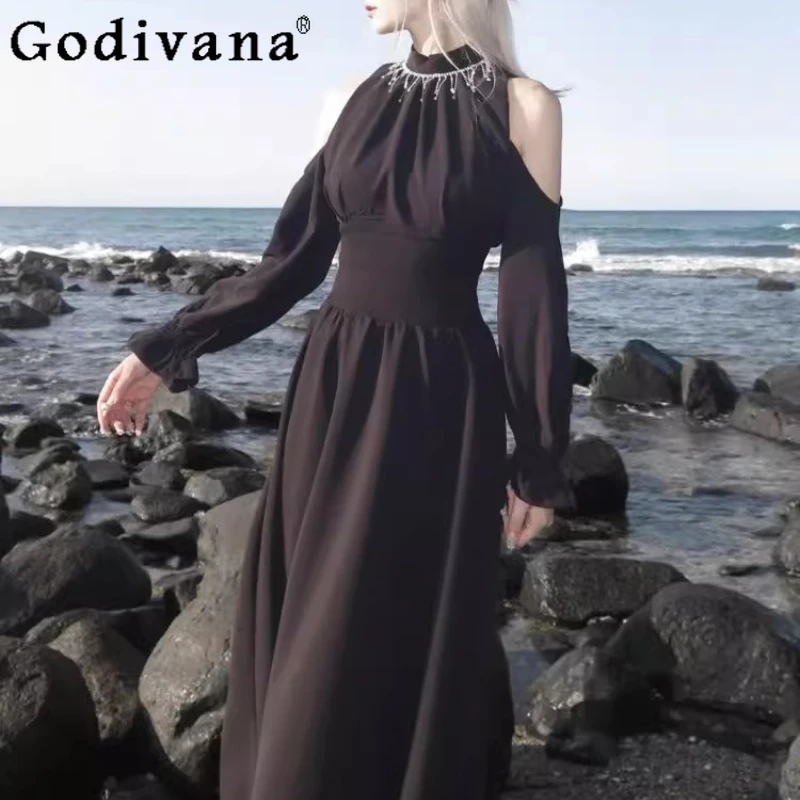 

Vintage Dark Style Off Shoulder Lolita Dress Women's Rhinestone Gentle Long Sleeve Dress Female Japanese Waist Cinching Dress