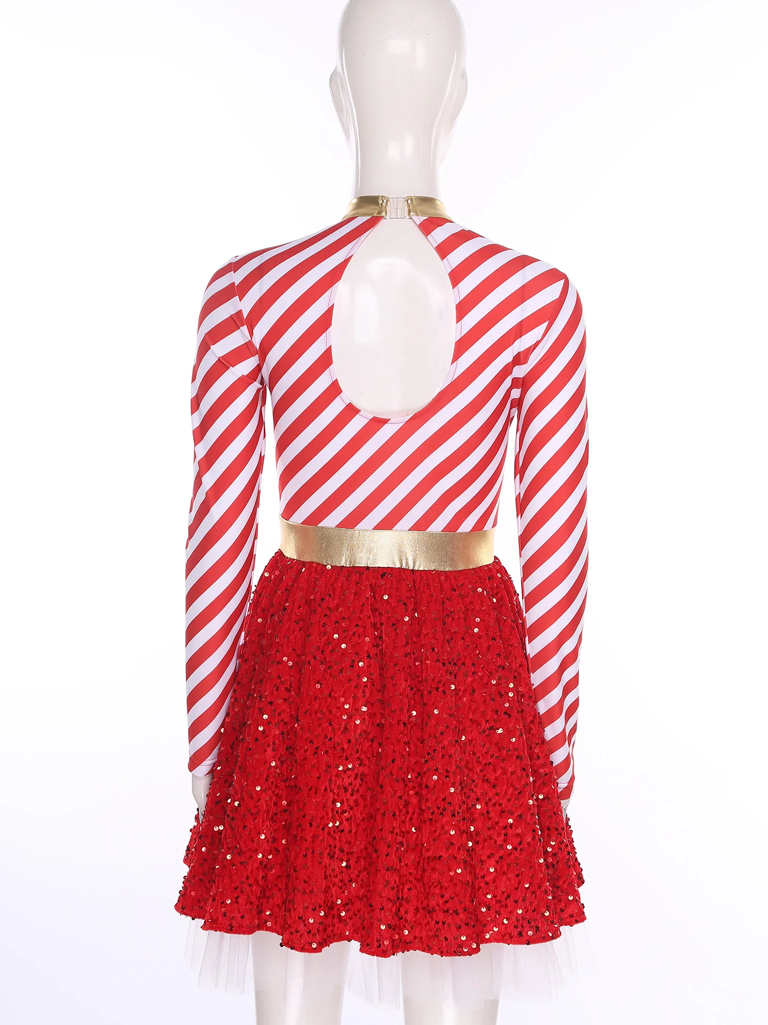 Women Christmas Long Sleeve Candy Cane Striped Sequin Pompom Mesh Tutu Dress Xmas New Year Santa Elf Cosplay Performance Costume