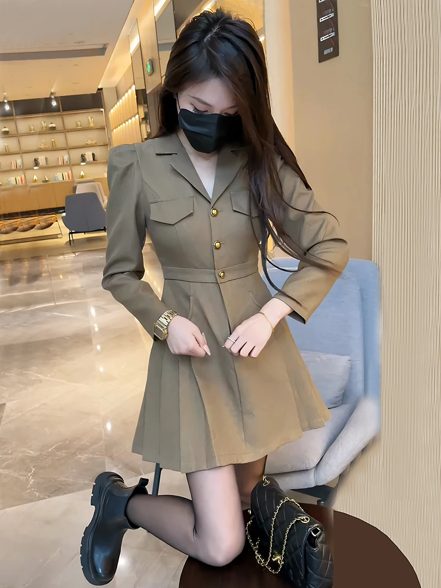 

Женский костюм Ele Slimming Suit Dr: новая весенне-осенняя коллекция, юбка А-силуэта с высокой талией, пышные рукава, длинные рукава, полиэстер