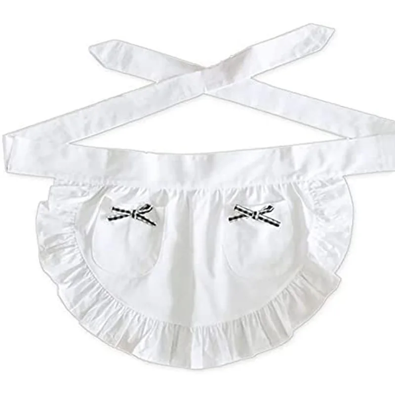 Cute women's half body apron lace short work clothes bow contrasting color black fungus edge waist circumference