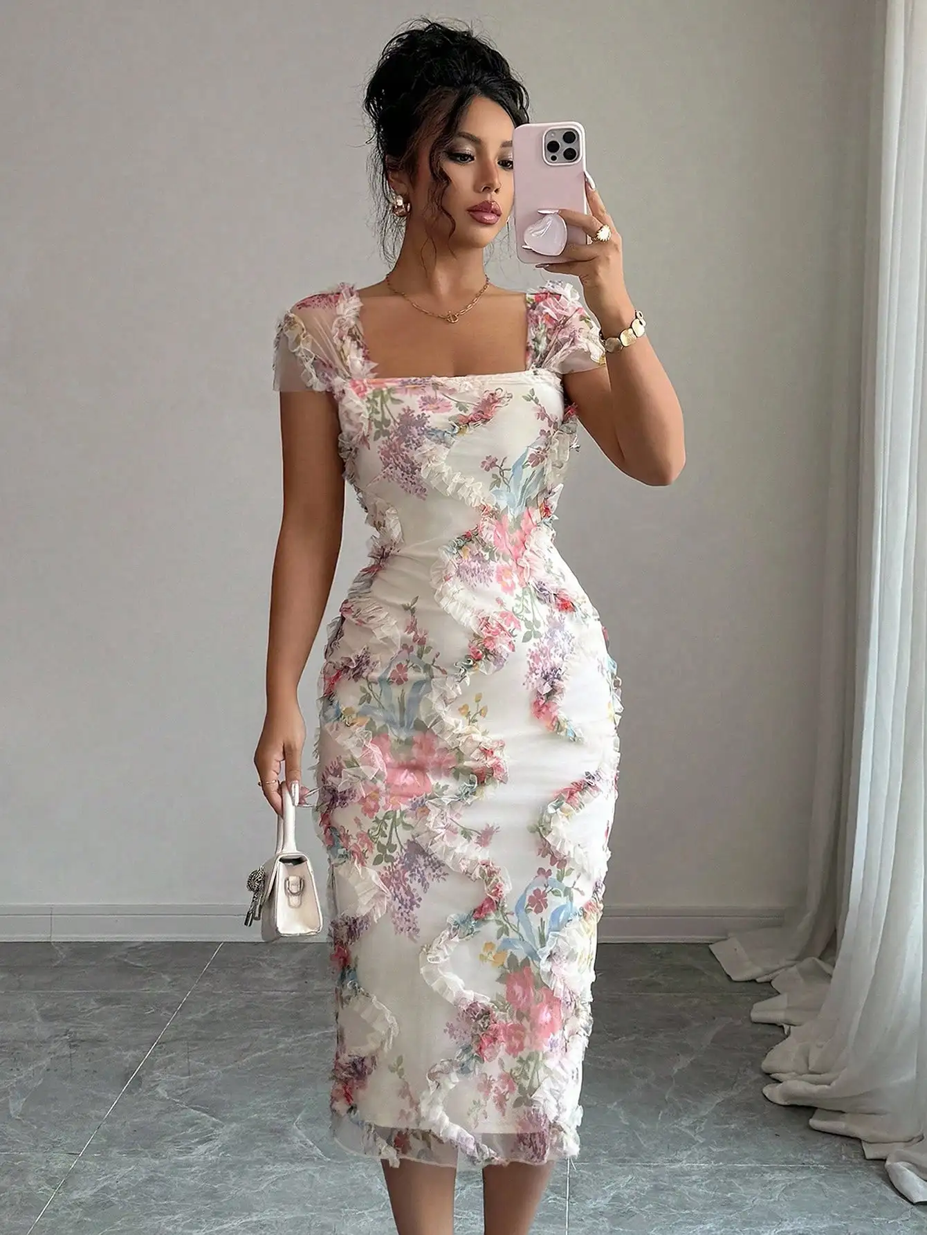

Women's Floral Print Ruffle Midi Dress with Square Neck and Sheer Sleeves, Spring Summer Elegant Occasion Wear