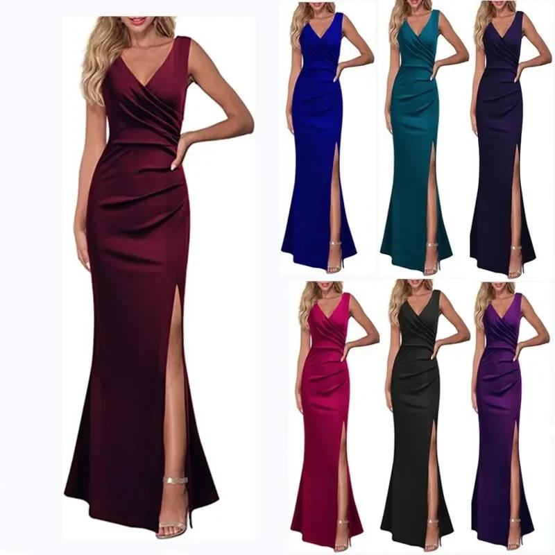 Women\'s V-neck Sleeveless Maxi Dress Summer Party Dance Slim Side Slit Evening Dress Sexy Backless Elegant Long Dress Partywear