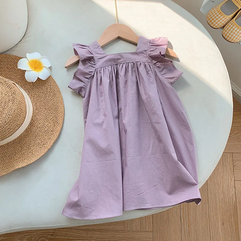 Short Sleeve Summer Girls' Dress Little Fresh Children's Ruffle Edge White T-shirt  Dress Pure Cotton Little Flying Sleeve Dress