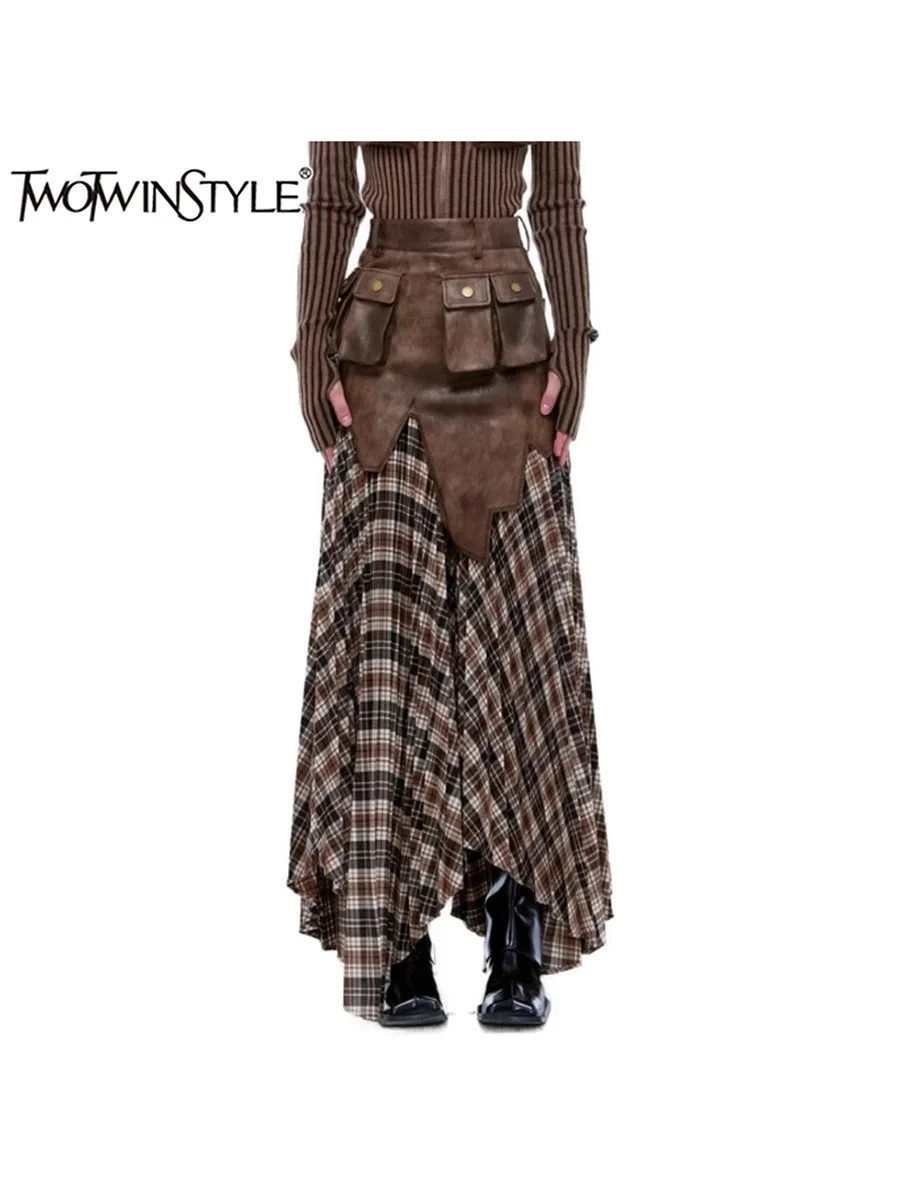 

TWOTWINSTYLE Plaid Printted Asymmetrical Chic Skirt For Women High Waist Spliced Pockets Fashion A Line Casual Skirt Female New