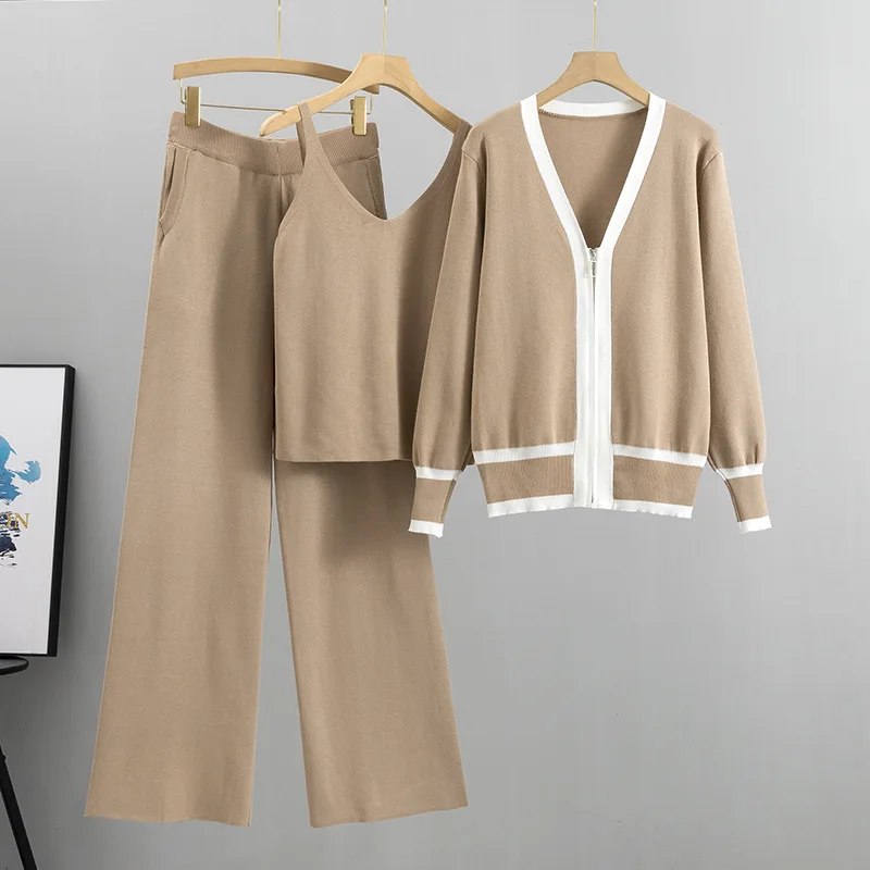 

2026 Women's New Color Block V-neck Knit Cardigan Long Sleeve Long Coat Camisole Wide Leg Pants Zipper Comfort Three Piece Set