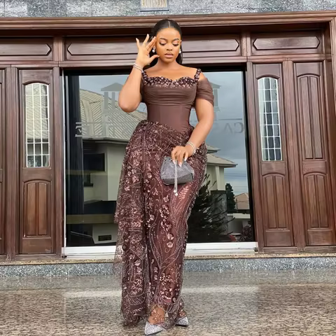 Fabulous Brown Lace Evening Dresses African Traditional Wedding Bride Dress Luxury Beads Lace Birthday Dress Asoebi Evening Gown