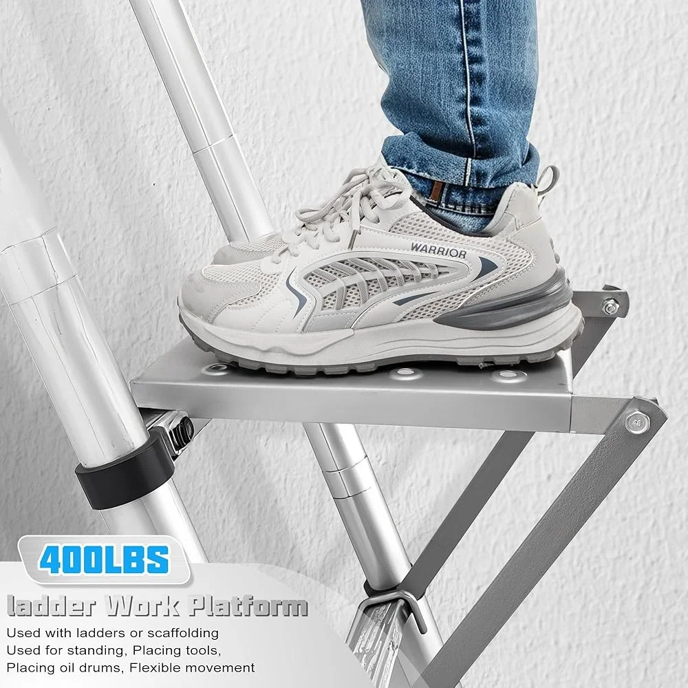 Plataforma de trabajo de escalera de alta resistencia, sistema de bandeja de herramientas antideslizante, clasificación de peso de 400 libras, estabilizador ajustable, plato magnético, fácil acceso
