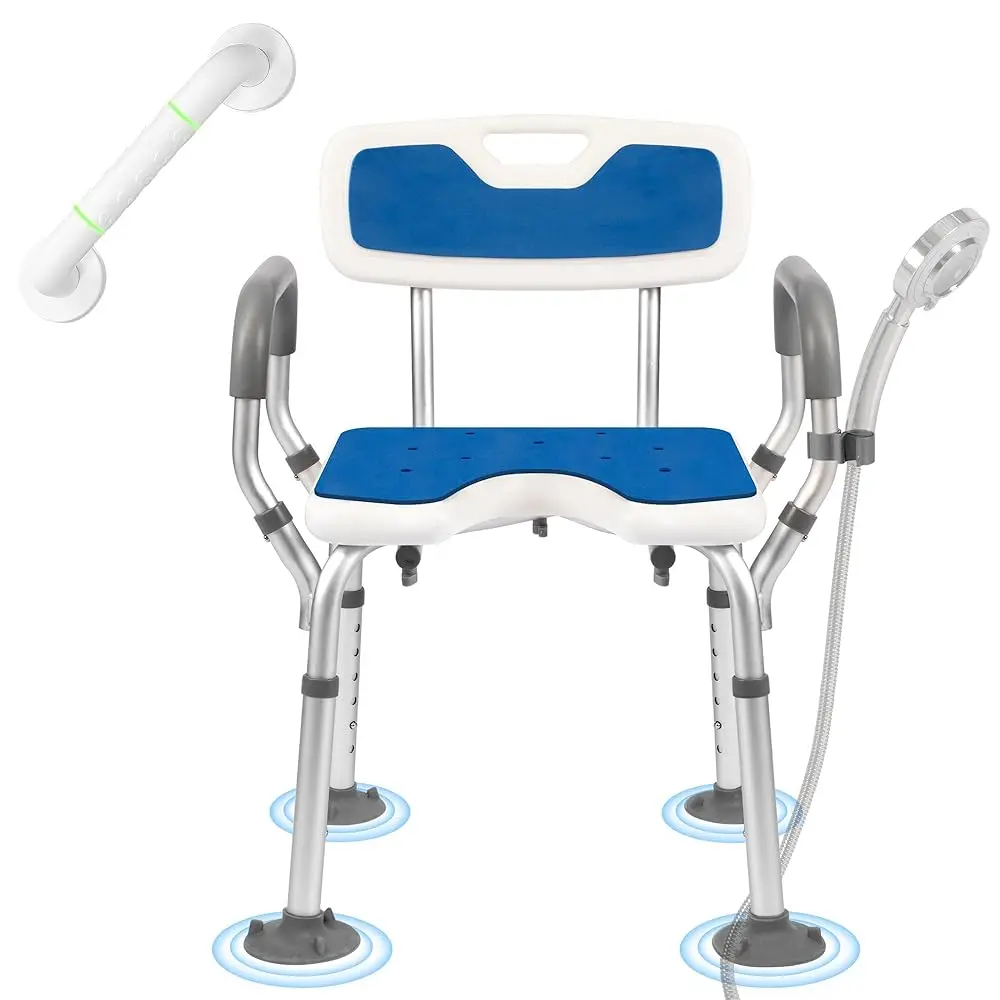 

Shower Chair With Suction Cup Feet And Grab Bar, Safety Shower Chair For Seniors, Heavy Duty Shower Chair 330Lb Acity, Shower
