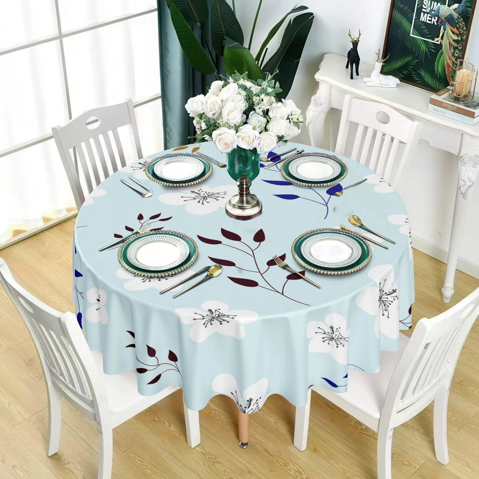 1 PC Light blue background, white flowered fresh floral pattern tablecloth.zyc
