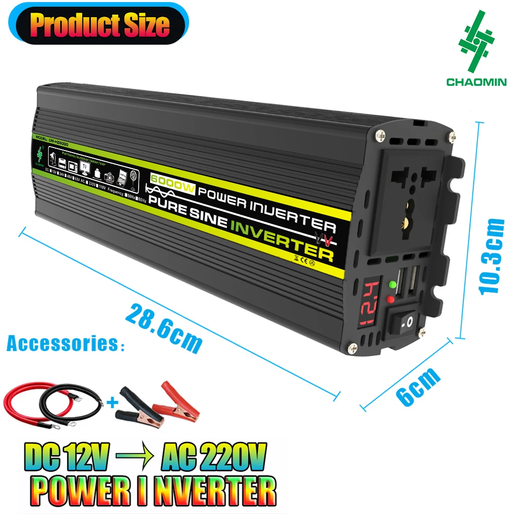 6000W Pure Sine Wave Inverter, Car Solar Inverter,DC12V to 220V,Dual USB,Socket Transformer,Power Converter,Power Inverter