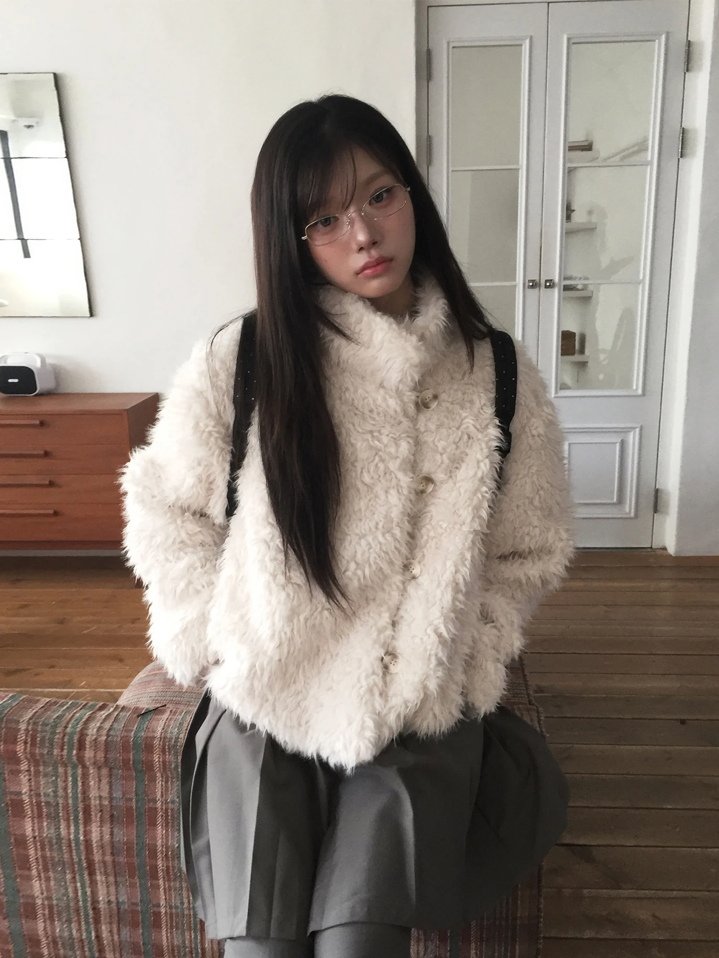 معطف نسائي من الفرو المزيف من Ele ort بزر واحد لون نقي ملابس خارجية شتوية كورية طويلة معطف فضفاض مناسب