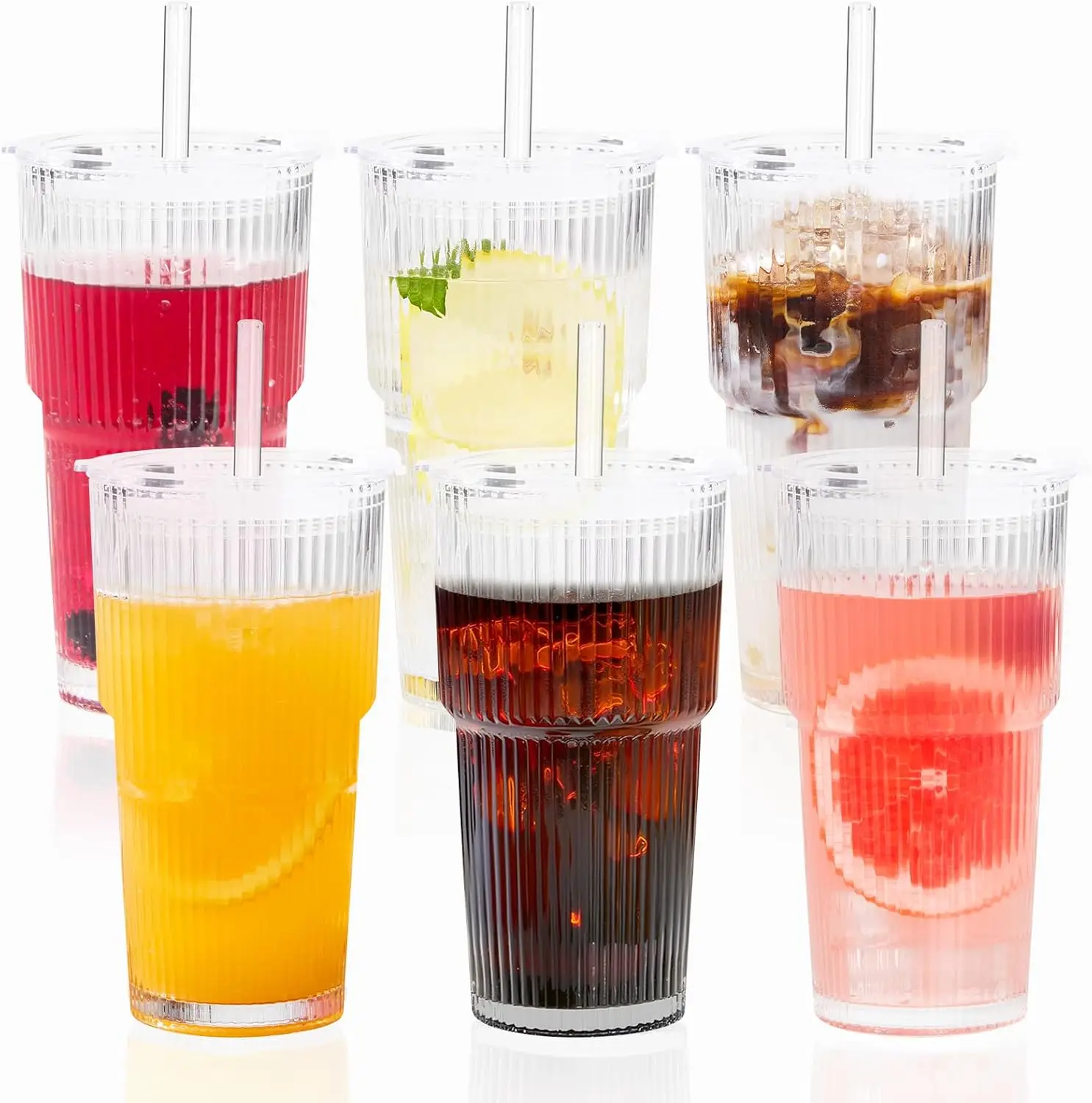 

20oz Reusable Glass Cups with Lids and Straws, Thickened Tumbler Set for Iced Coffee, Smoothies, Cocktails, 6 Pack
