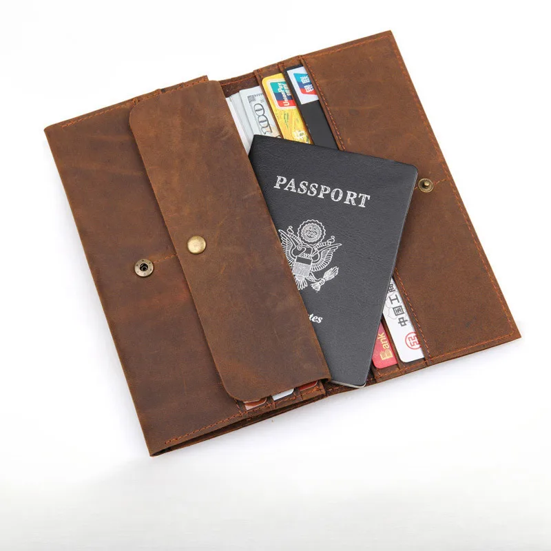 Camida Personalized Men's Genuine Long Crazy Horse Money Clip Passport Cover Leather Wallet Business Card Id Holders Pursess