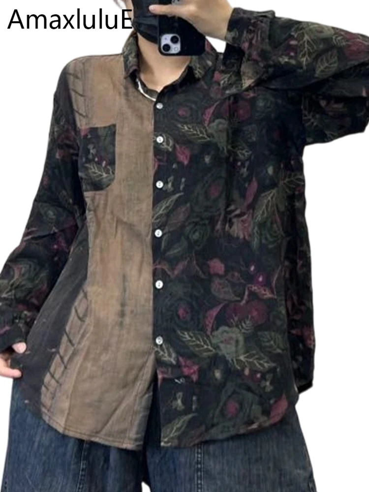 

Amax LuluE Fashion Printed Striped Shirts Womens Spring Classic Vintage Cotton Linen Tops Females Leisure Loose Luxury Blouses