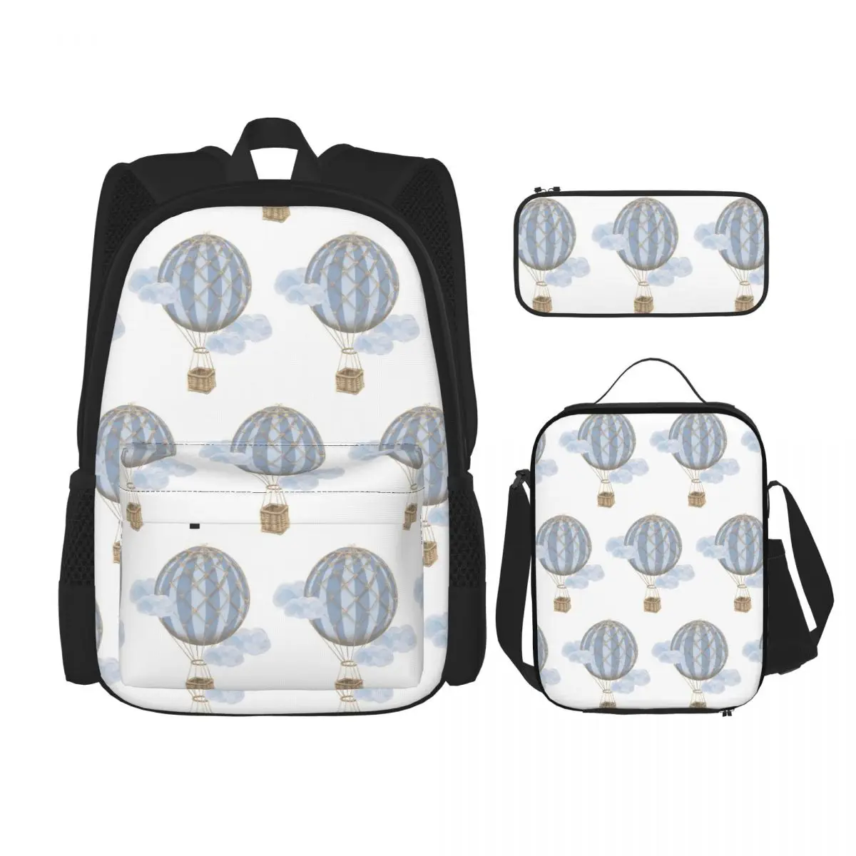 Blue Vintage Hot Air Balloon Backpacks Students Bookbag School Bags Rucksack Lunch Bag Pen Bag Three-Piece Set
