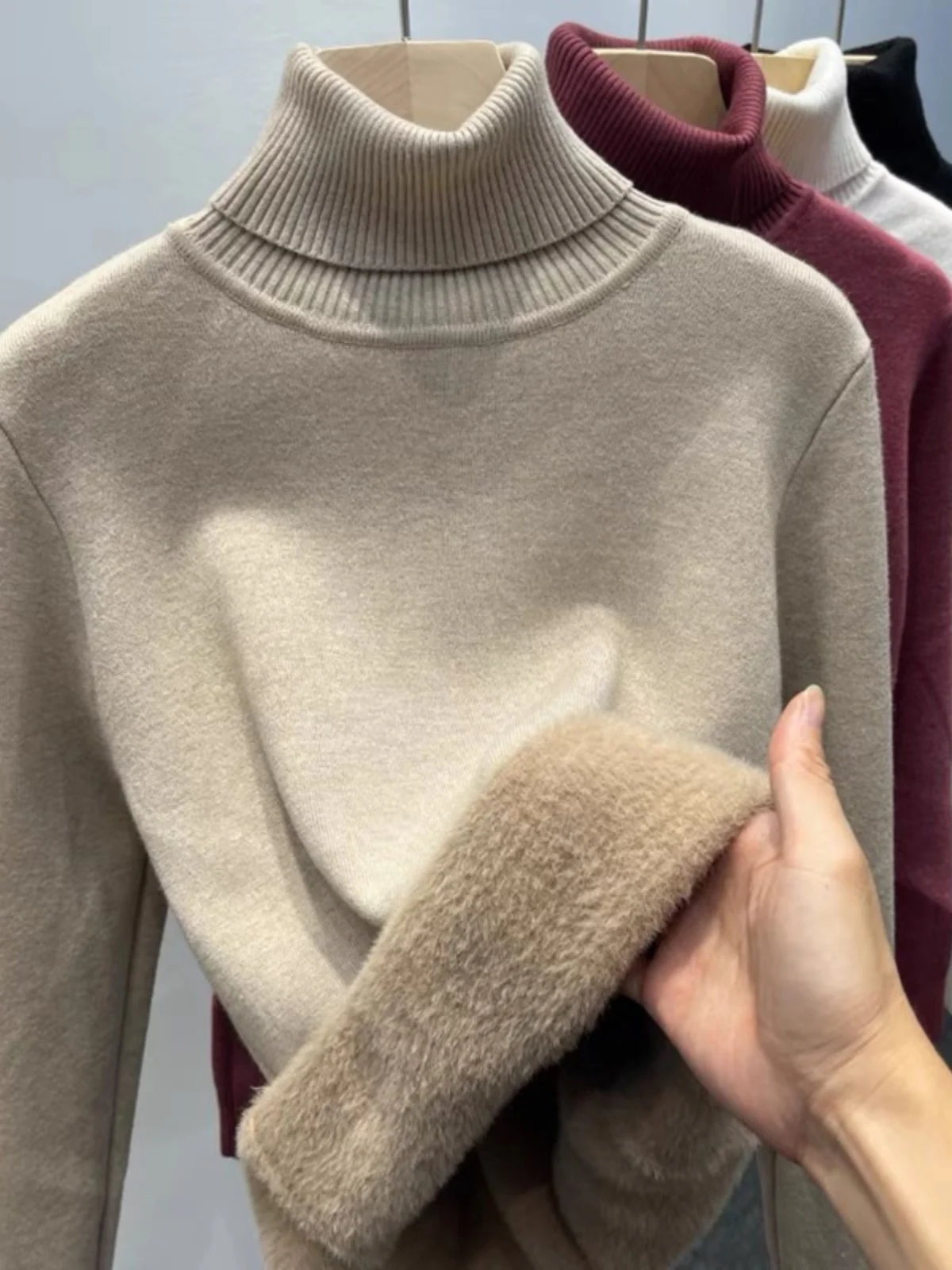 

Women's Fce Lined Thiened High Collar Sweater Inteated Velvet Autumn Winter New Sle Inner Warm Top Knitted Long Sve