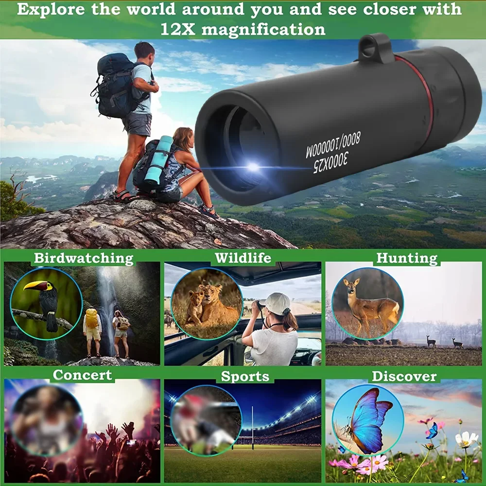 3000x25 Adult Professional HD Remote Monocular & Pocket Mini Portable Telescope for Outdoor Camping and Hunting