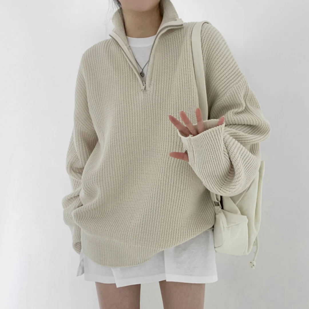 

REALEFT Autumn Winter Vintage Stand Collar Loose Knitted Women's Pullovers Long Sleeve Zipper Korean Casual Sweaters Female 2025