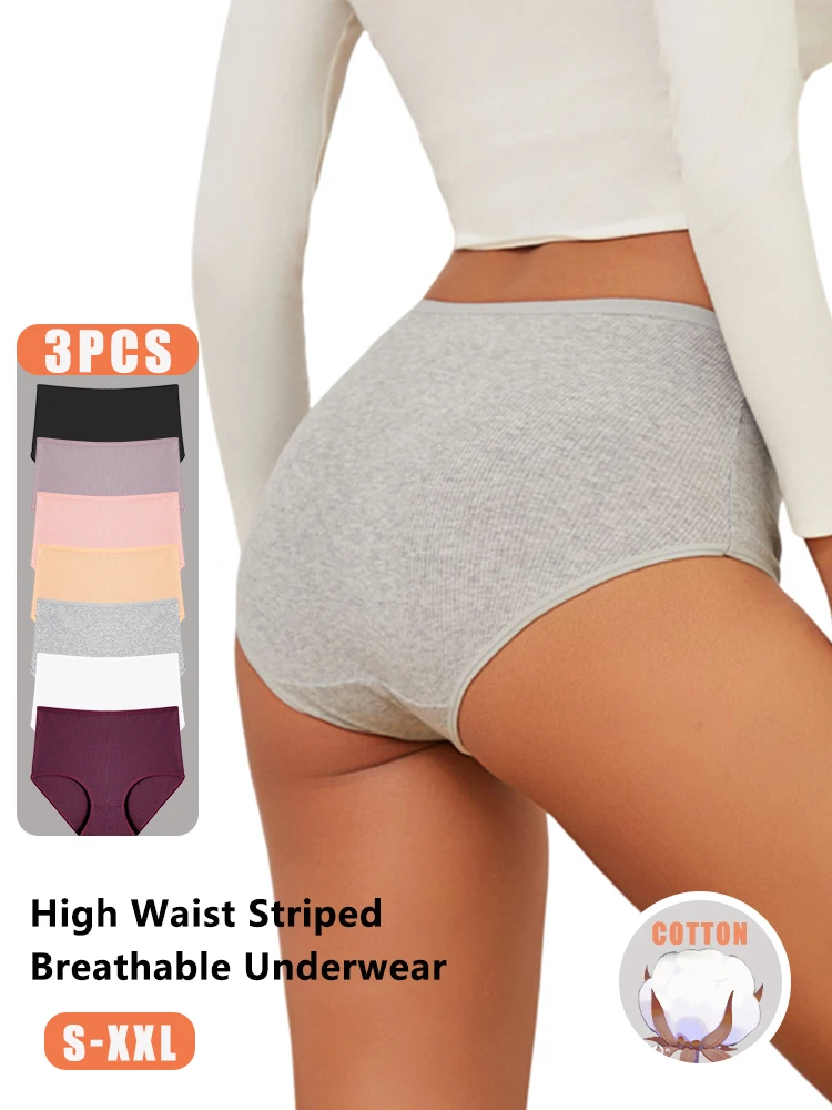 

3Pcs women cotton High Waist underwear breathable Striped Panties Female Plus Size Solid Color Briefs comfortable Lingerie S-XXL