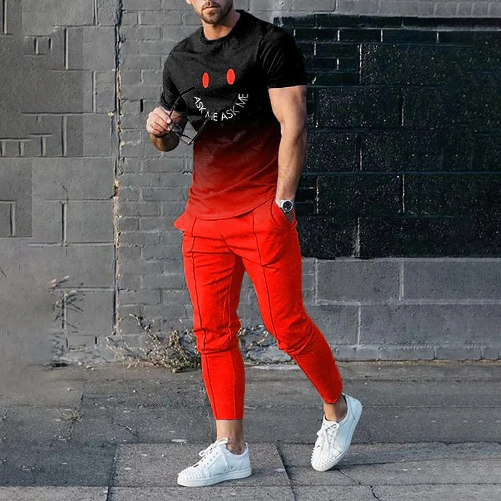 Men Fashion T-shirt Long Pants Set Men Clothing New Summer Men tshirt Sets Tracksuit Men 2 Piece Outfits Short Sleeve Set