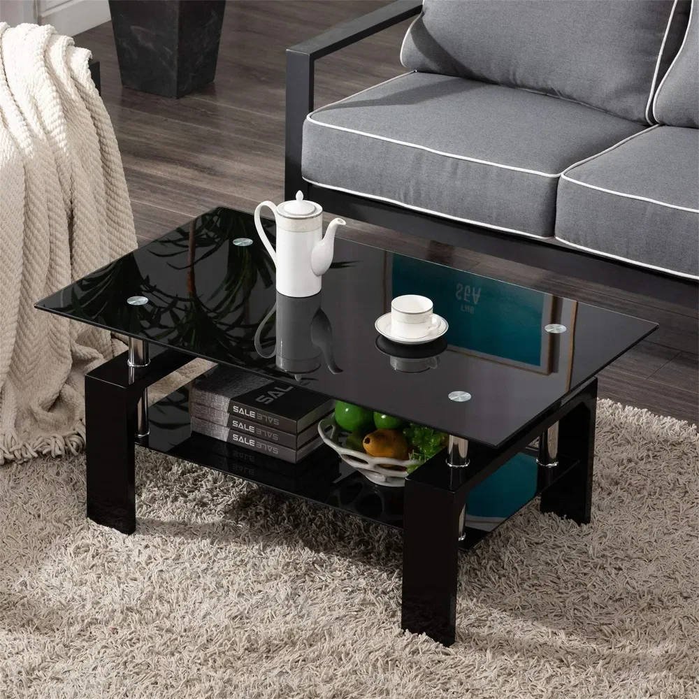 Mesa de centro rectangular de vidrio templado/madera, patas de tubo de Metal, 2 capas, extremo lateral, conjunto de muebles para sala de estar