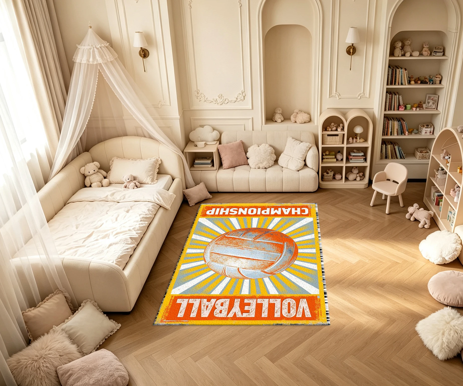 Retro Volleyball Championship Sports Carpet Flooring Sunburst Distressed Graphic Printed Square Area Rug for Household Interior Decor