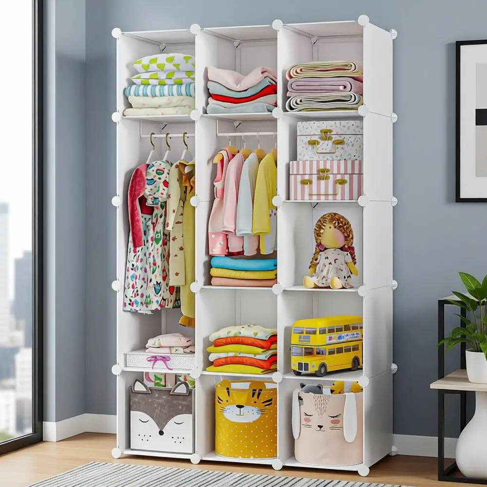 

White Portable Children's Wardrobe Organizer with 15 Cubes and Hanging Rod for Nursery Storage