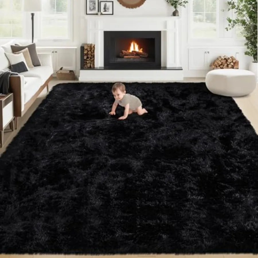 

Living room 8x10 area rug: fluffy shag soft washable fuzzy plush indoor carpet for bedroom nursery playroom kids rooms black, 8