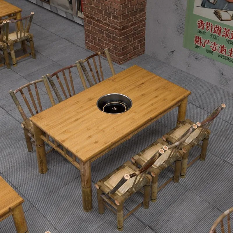 Bamboo hot pot table, commercial bamboo dining table and chair combination, retro hotel bamboo agritainment eight immortals