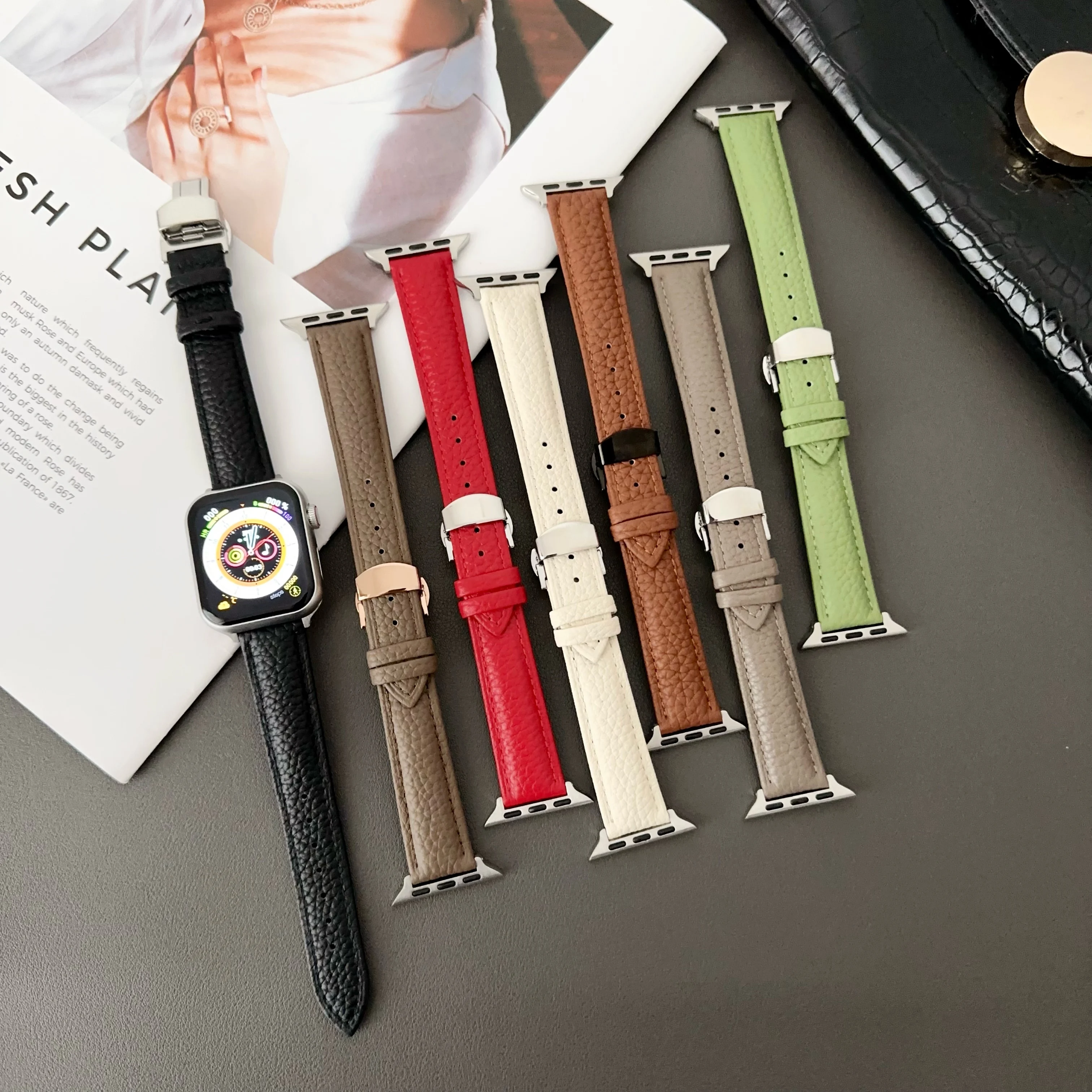 Small waist strap Butterfly buckle Lychee pattern For Apple iwatch band 40/44mm 45mm  8 9 Ultra2 49mm wristband 8/7 41mm 40mm