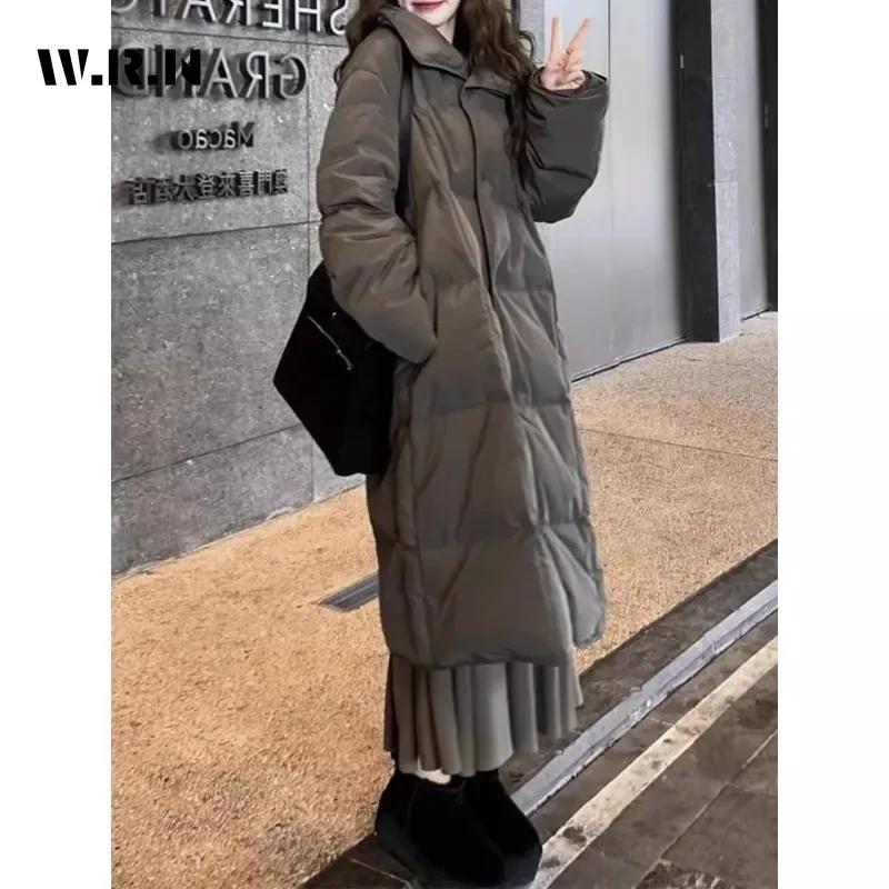 Women\'s Vintage Casual Long Sleeve Outerwear X-Long Parkas Solid Color Harajuku Jacket 2024 Winter Retro Hooded Warm Coat