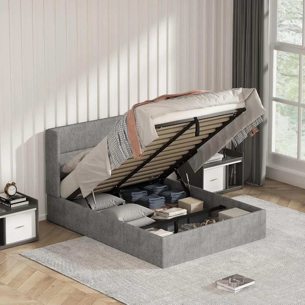 

Полноразмерный каркас кровати с подъемным хранилищем, современное изголовье с открытой спинкой, кровать-платформа с фланелевой тканью и гидравликой, деревянная S