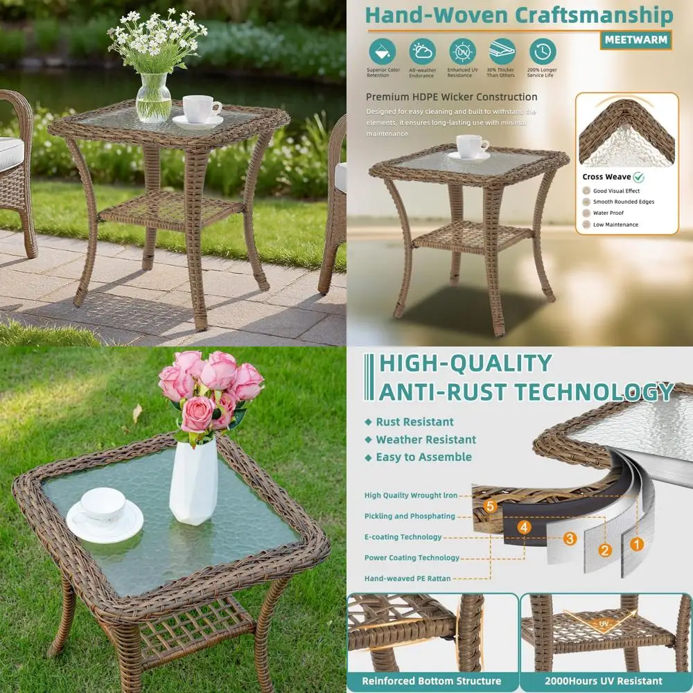 All-Weather Wicker Outdoor Side Table with Tempered Glass Top and Storage Shelf, Durable Patio Rattan Furniture for Small Spaces