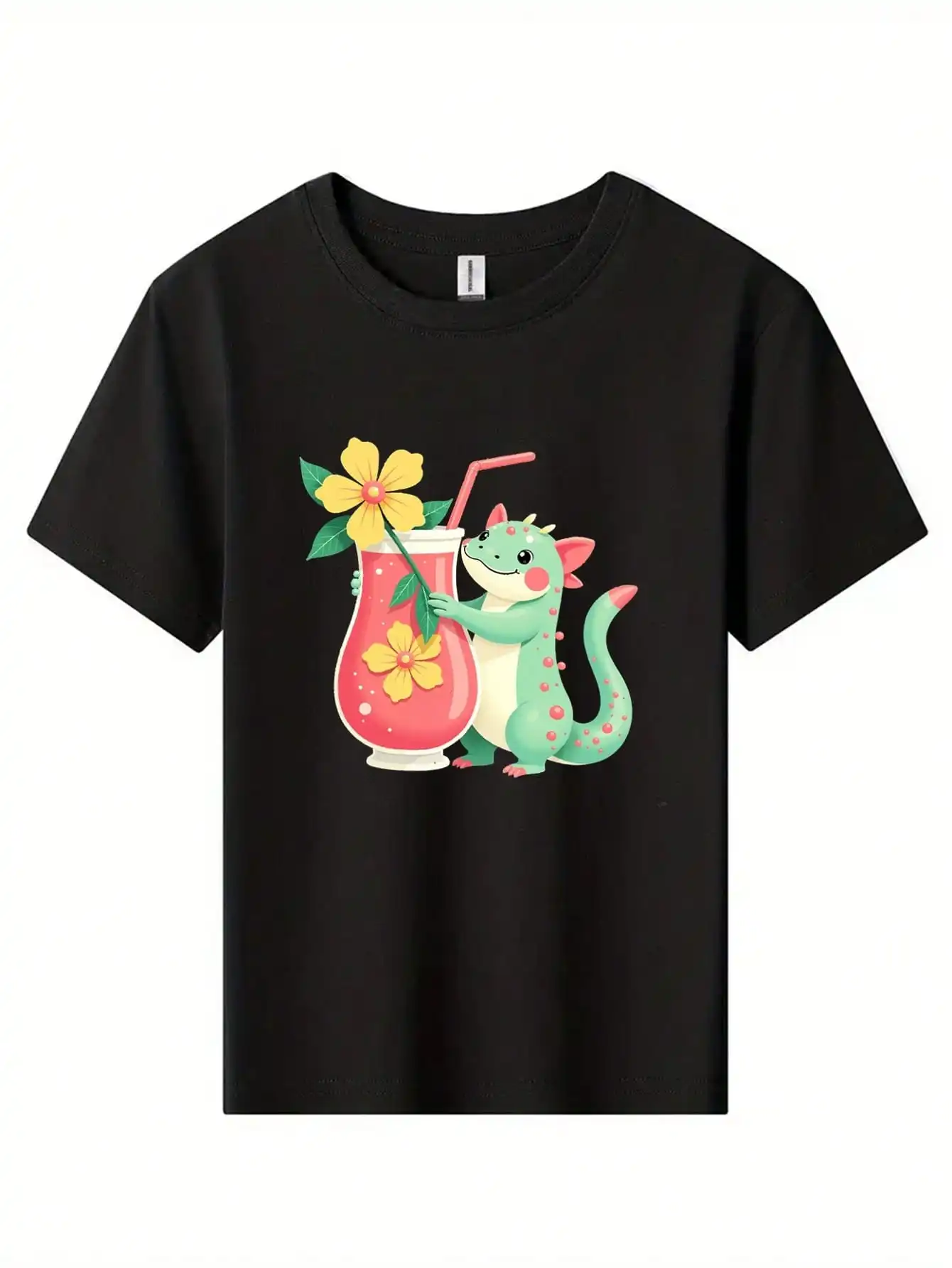 

Fantasy Dragon & Drink Cotton T-Shirt, Black Tee With Cartoon Dragon And Tropical Drink, Summer Fun Summer Tops