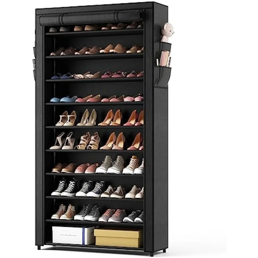 

ROJASOP 10 Tier Shoe Rack with Covers,Large Capacity Stackable Tall Shoe Shelf Storage to 50-55 Pairs Shoes and Boots Sturdy