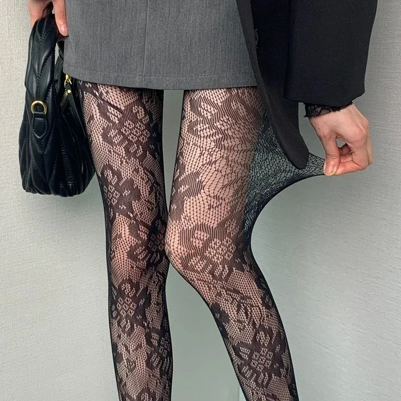Women Lolita Lace Fishnet Stockings Sexy Red Black Nightclub Striped Pattern Stockings Pantyhose Fantasy Fancy Hollow Tights