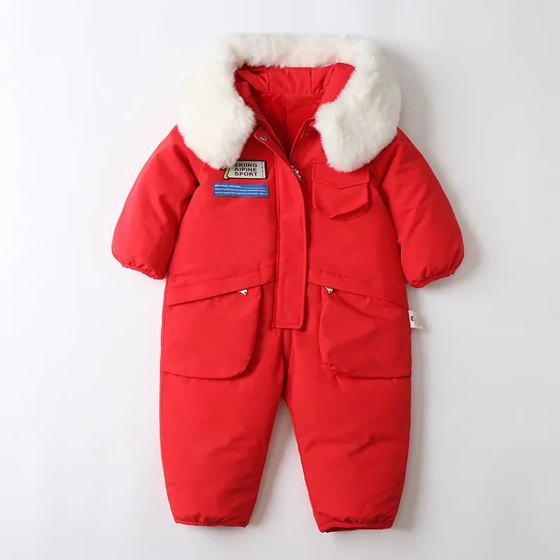 Fur Collar Baby Romper with Pockets 2024 Winter New Children's Clothing Fleece Liner Warm  Ski Suit for Boy Girl Kids Outfits