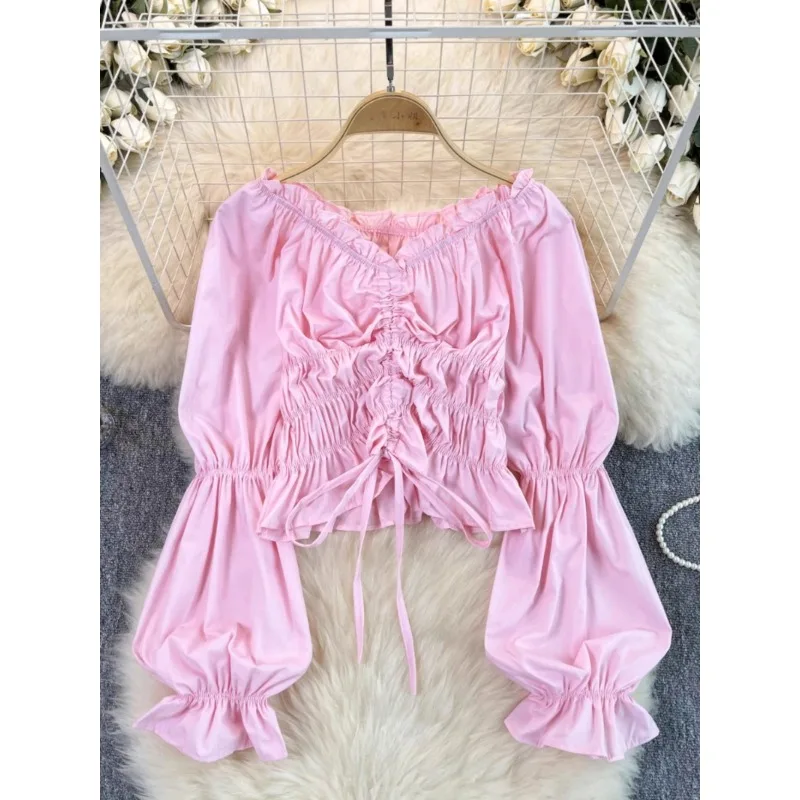 Vintage Blouse Shirt Women Short Off-shoulder Puff Sleeve Tops Summer Fashion Design Pleated Waist Pure Spice Girl Shirt Blouse