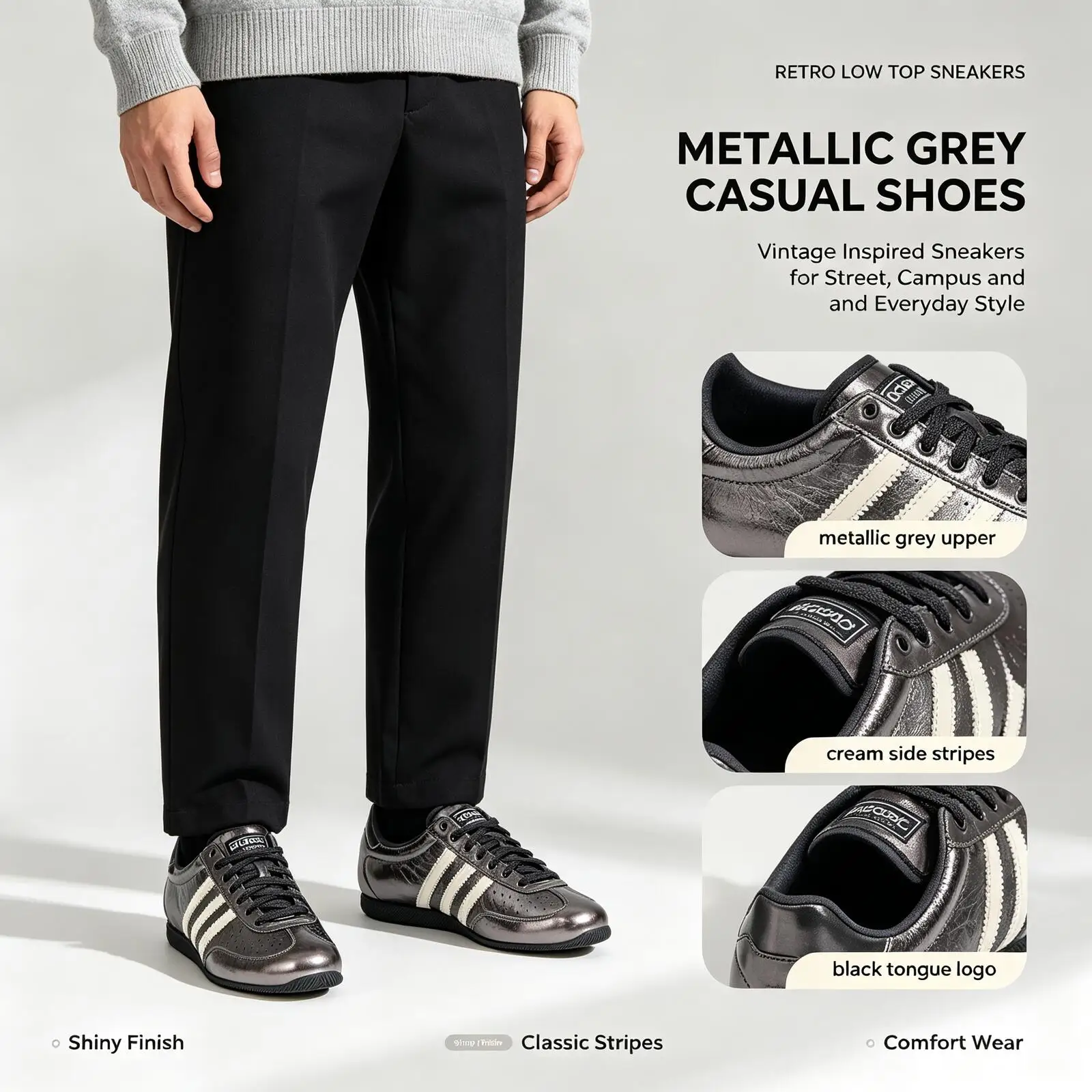 New Adidas Originals Metallic Grey Low Top Sneakers Men Shiny Retro Casual Shoes Cream Stripes Black Outsole for Street Campus W