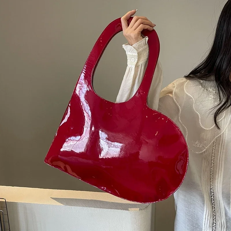 Ins Style Solid Color Glossy Heart-shaped Handbag 2024 Summer Concave Design Patent Leather Red Fashionable Shoulder Bag