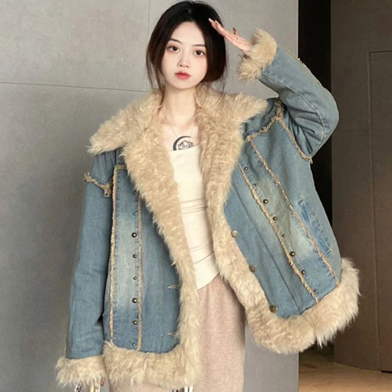 Winter New American Women's Denim Wool Collar Jacket Top Lamb Fleece Coat Fashion Thickened Wool Inner Warm Denim Jacket Exterior