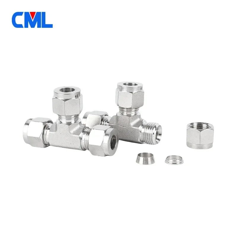 T forgiato in acciaio inossidabile 304 316L 1/8 "1/4" 3/8 "1/2" 3/4 "6mm 8mm 10mm 12mm 14mm 16mm Connettori per tubi a T a doppia ghiera a 3 vie