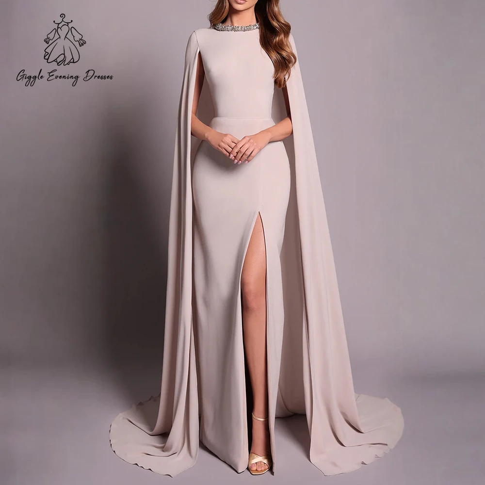 

Giggle Simple Cape Sleeves Women Evening Dresses Beading O-Neck Elegant Slit Saudi Mermaid Formal Occasion Gown Customized